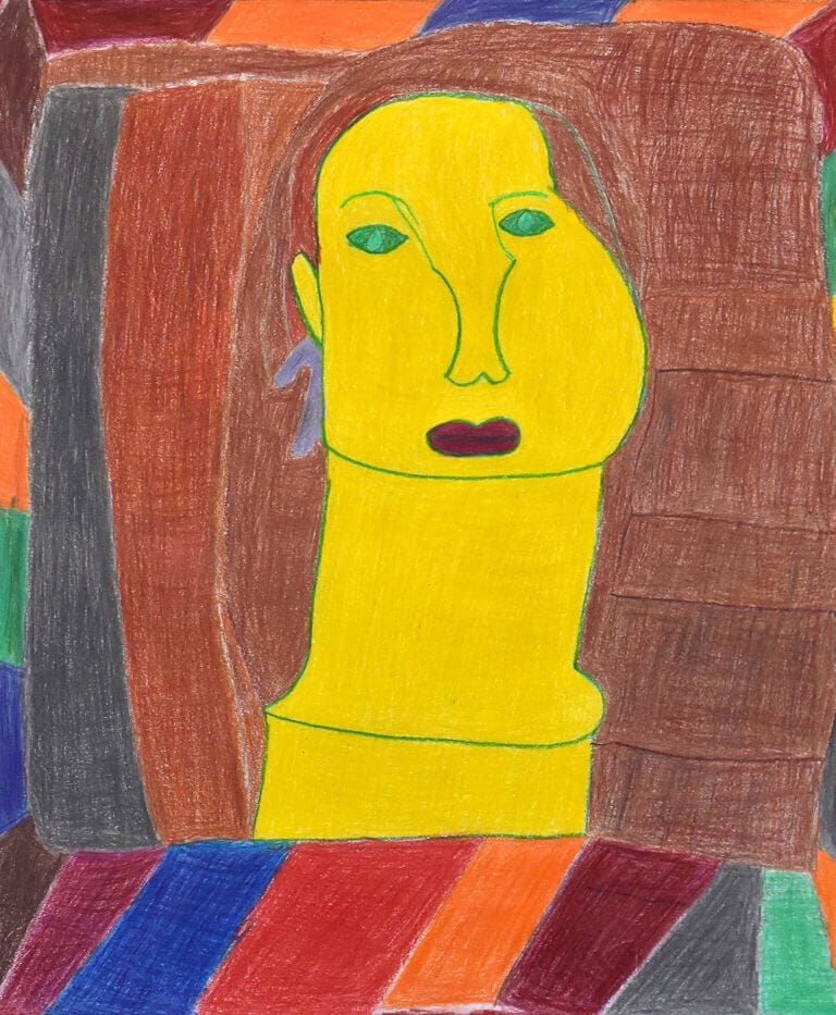 A colored pencil sketch of a Woman with a Yellow face on a multi-colored background