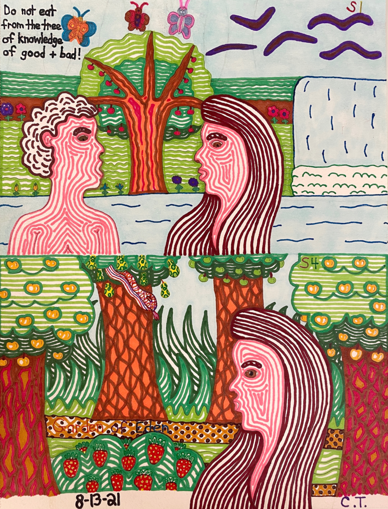 A colorful drawing depicting a scene of Adam and Eve in the Garden of Eden, displaying the written message, "Do not eat from the tree of knowledge of good plus bad"