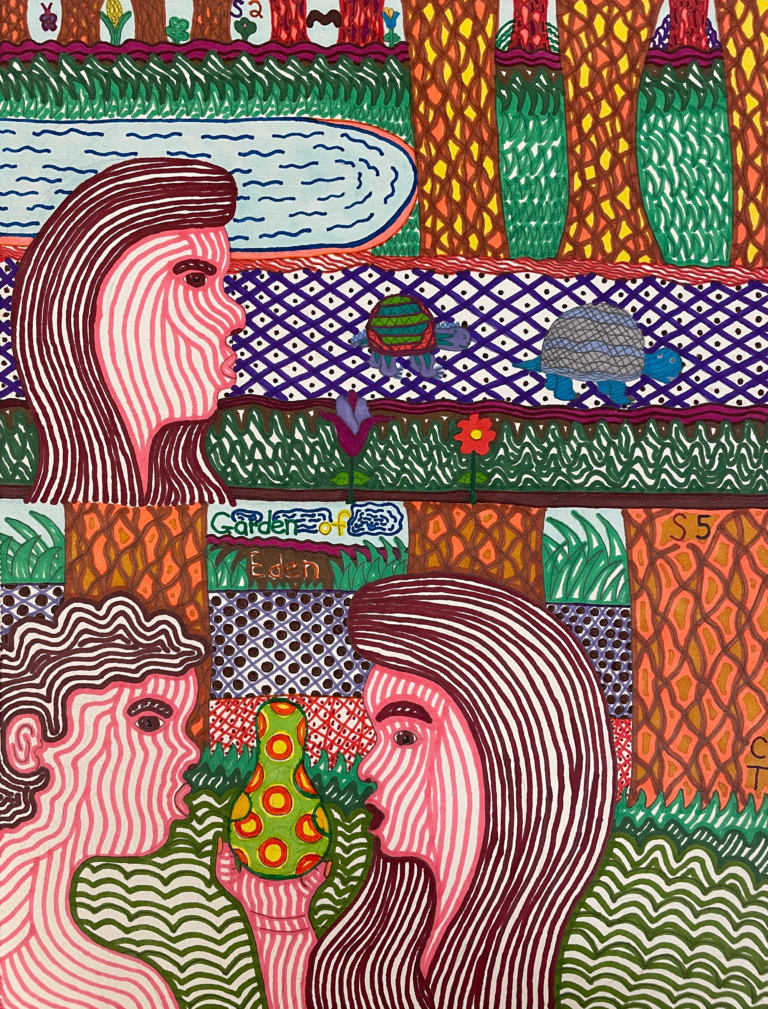 A colorful drawing depicting a scene of Adam and Eve in the Garden of Eden, in which Eve gazes upon two small turtles and offers fruit to Adam