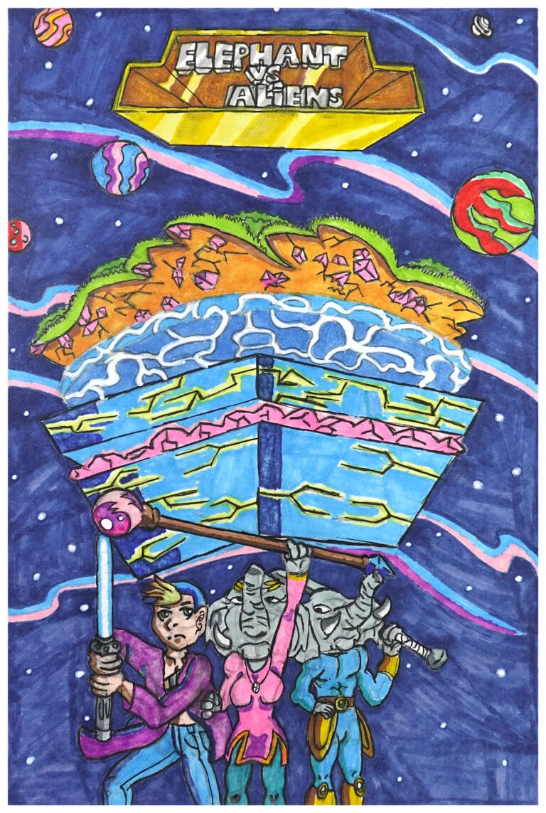 Elephant VS Aliens, 2025, by artist, Linton Gilchrist